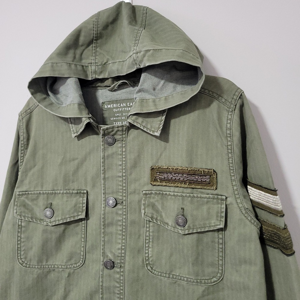 American Eagle AE-177 Military Jacket Mens L Olive Herringbone Utility Hooded